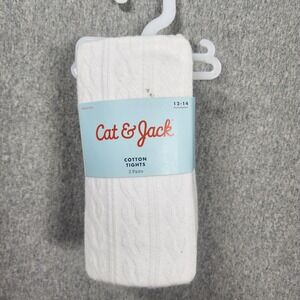 Cat & Jack Cotton Tights Girls 12-14 White Cable Knit 2-Pack Footed 036090360